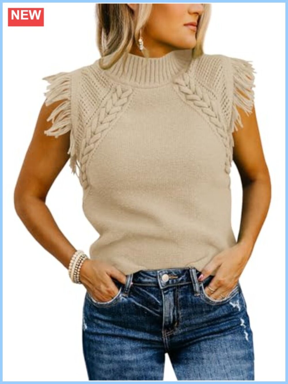 Saodimallsu Womens Sleeveless Sweater Vest Mock Neck Cable Knit Fringe Cap